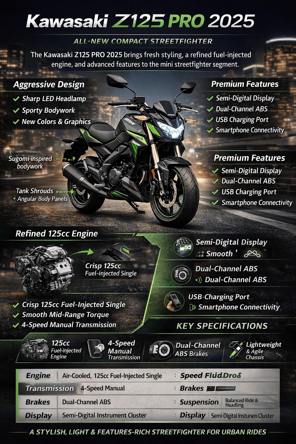 Kawasaki Z125 PRO 2025 features overview